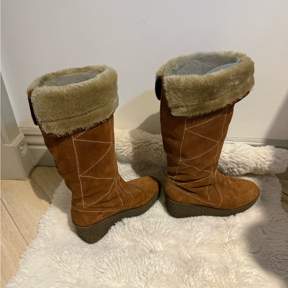 Steve Madden Tan Suede Faux-Fur Wedge Tall Boots